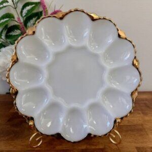 Vintage Milk Glass Deviled Egg‎ Tray with Gold Trim Scalloped Edge Serving Plate